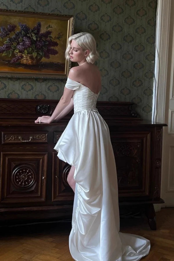 Elegant Wedding Dress White Off the Shoulder Pleated Hi-Lo Wedding Dress Prom Dress D7230