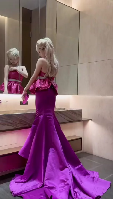 Unique Strapless Mermaid Satin Barbie Pink Long Evening Party Dress, D230