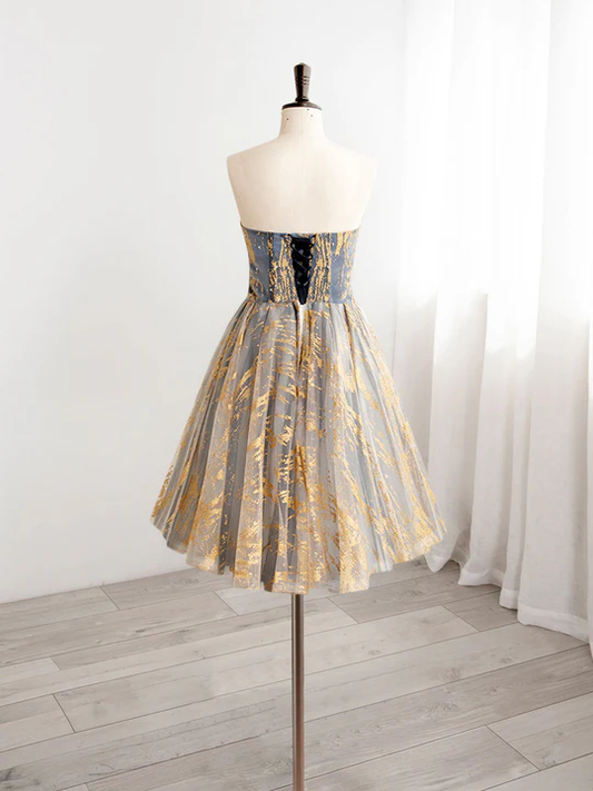 Vintage Sequin Beaded Strapless Ruffled Hem Design A-line Tulle Party Dress Homecoming Dress D1545