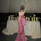 Vintage Pink Floral Strapless Mermaid Design Elegant Prom Dress Evening Dress D1715