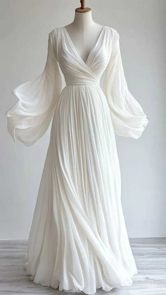 Schlichtes weißes A-Linien-Chiffon-Vintage-Abendkleid mit V-Ausschnitt, langes Partykleid, D867