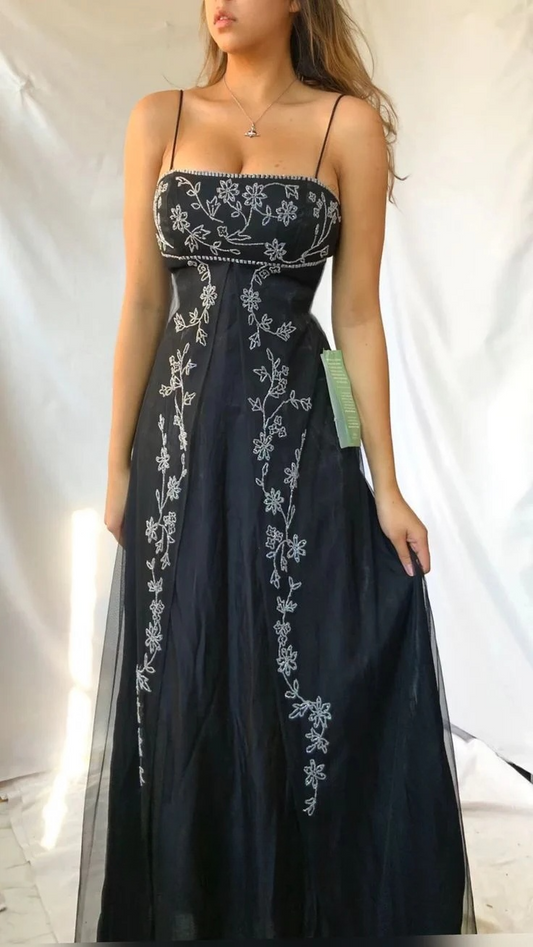 Black Spaghetti Straps A-Line Beading Vintage Long Evening Party Dress, D777