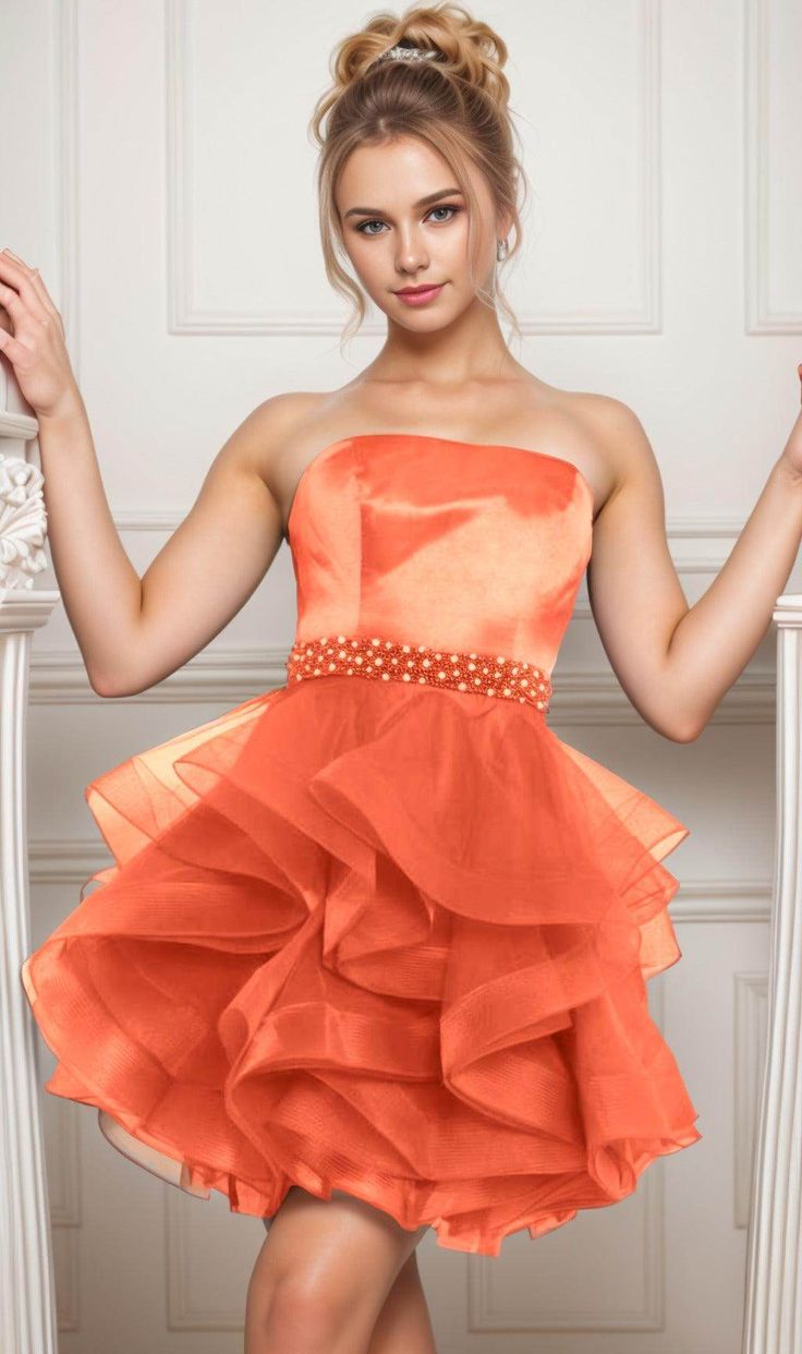 Unique Homecoming Dress Strapless Beaded Organza Cascade Back to School Outfits Party Dress D7763