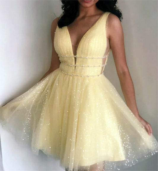 Charming Homecoming Dress V Neck Pearl Sequins Tulle Back to School Outfits Party Dress  D7481