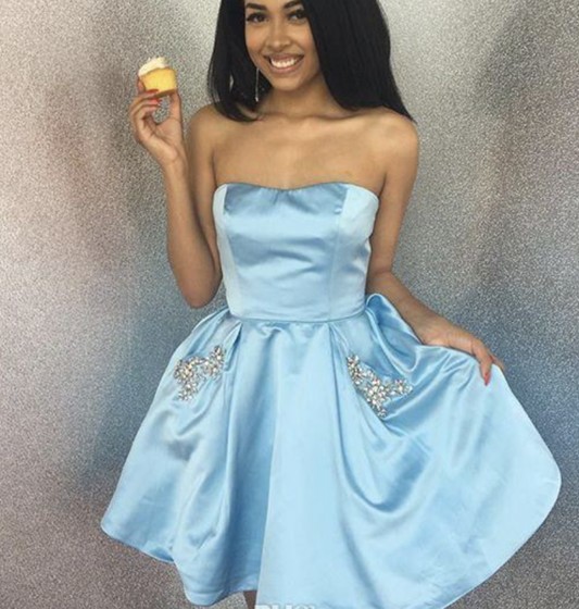 New Homecoming Dress Strapless Rinestone Back to School Outfits Party Dress D7568