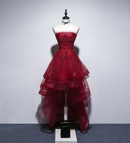 Unique Homecoming Dress Strapless Tulle Cascade Hi-Lo Applique Back to School Outfits Party Dress  D7682