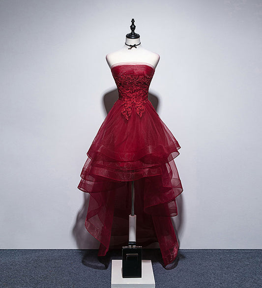 Unique Homecoming Dress Strapless Tulle Cascade Hi-Lo Applique Back to School Outfits Party Dress  D7682