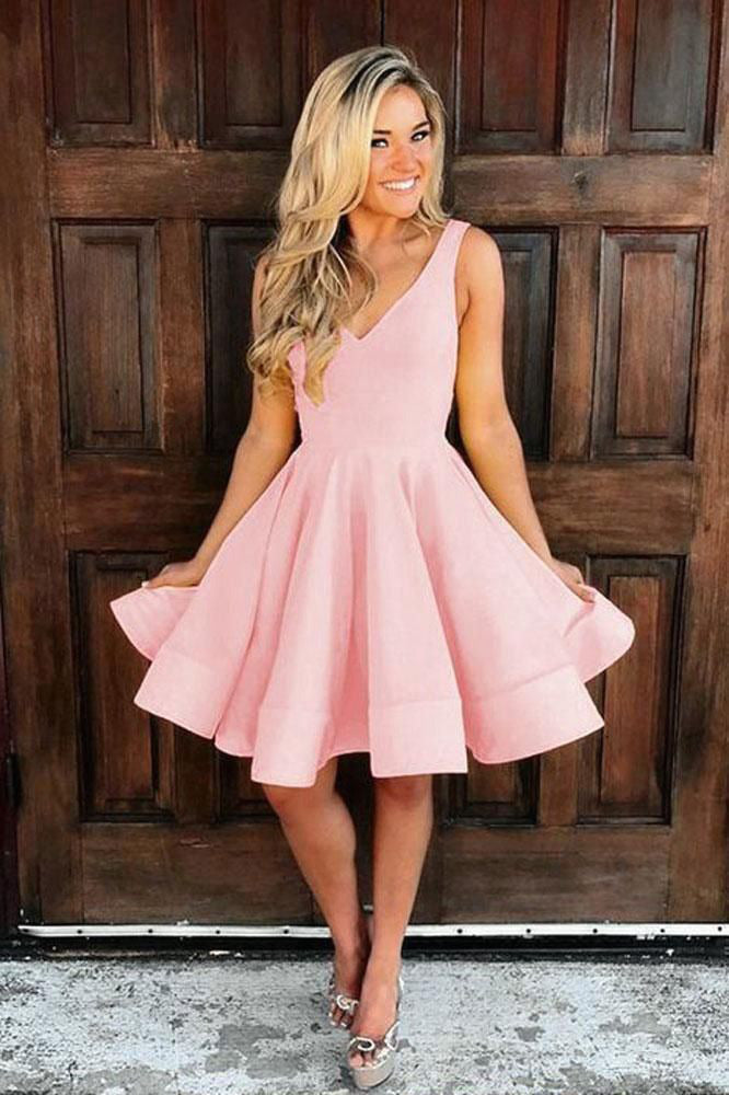 Chic Homecoming Dress V Neck Pleated Back to School Outfits Party Dress Birthday Outfits D7425