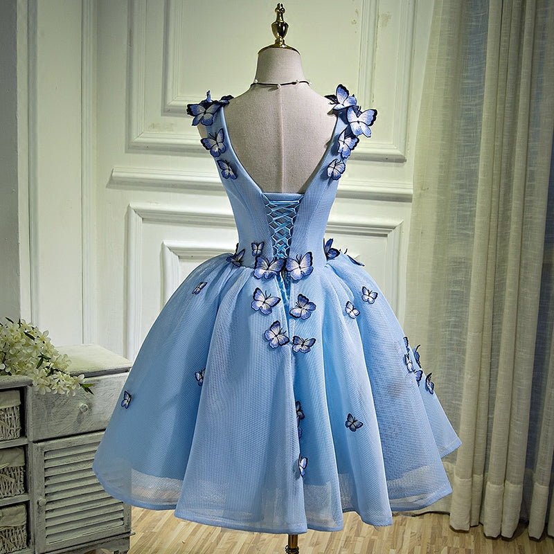 Chic Homecoming Dress V Neck Pearl Butterfly Pleated Back to School Outfits Party Dress Birthday Outfits D7423