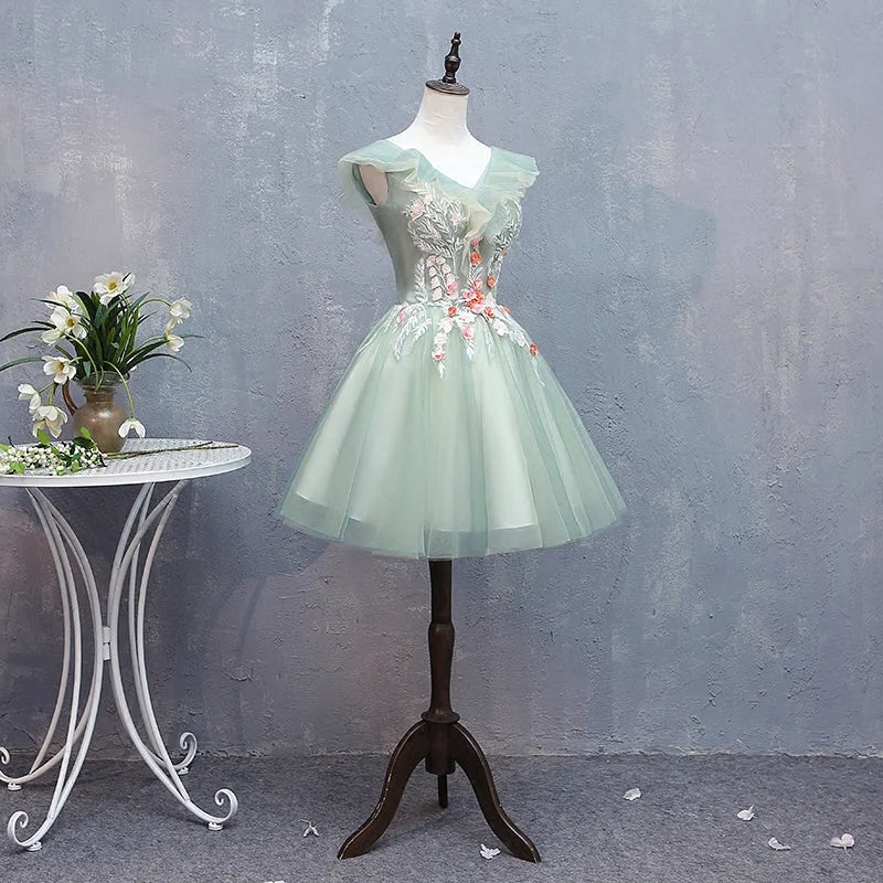 Unique Homecoming Dress V Neck Lace Flower Tulle Back to School Outfits Party Dress  D7698