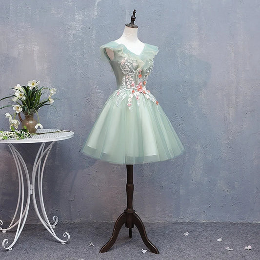Unique Homecoming Dress V Neck Lace Flower Tulle Back to School Outfits Party Dress  D7698