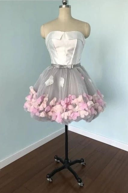 New Homecoming Dress Strapless Flower Bowknot Back to School Outfits Party Dress D7554