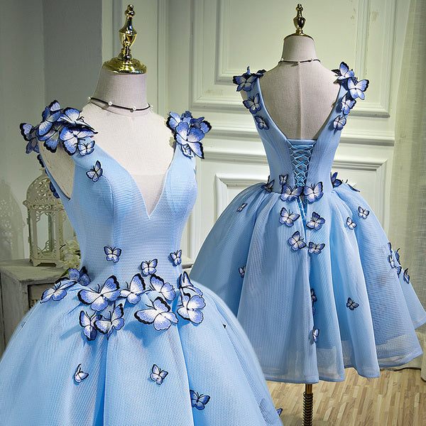 Chic Homecoming Dress V Neck Pearl Butterfly Pleated Back to School Outfits Party Dress Birthday Outfits D7423