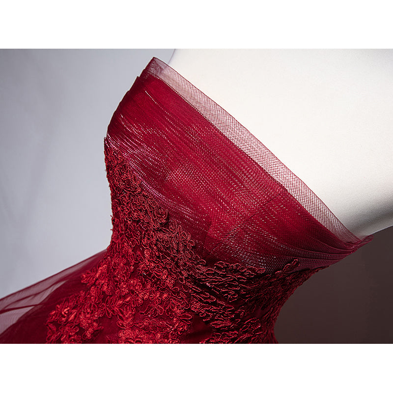 Unique Homecoming Dress Strapless Tulle Cascade Hi-Lo Applique Back to School Outfits Party Dress  D7682
