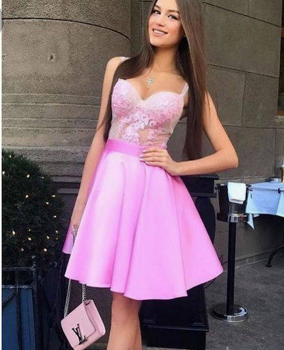 Unique Homecoming Dress Sweetheart Tulle Applique Spaghetti Strap Back to School Outfits Party Dress Birthday Dress  D7659