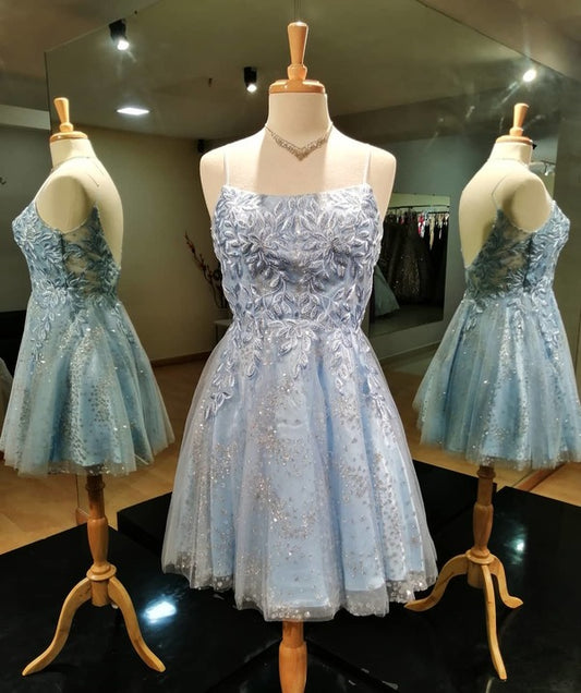 Charming Homecoming Dress Spaghetti Strap Applique Tulle Backless Back to School Outfits Party Dress  D7472