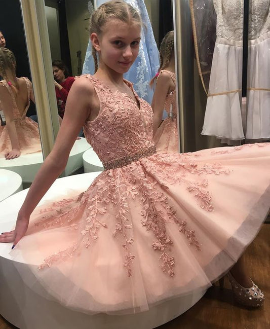 Charming Homecoming Dress V Neck Applique Tulle Beaded Pleated Back to School Outfits Party Dress D7460