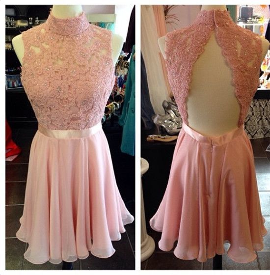Charming Homecoming Dress High Collar Lace Beaded Pleated Backless Back to School Outfits Party Dress  D7477