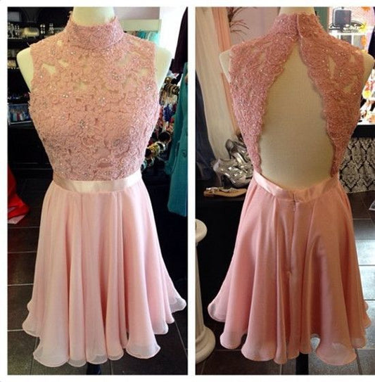 Charming Homecoming Dress High Collar Lace Beaded Pleated Backless Back to School Outfits Party Dress  D7477