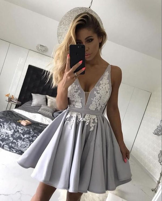 New Homecoming Dress V Neck Applique Bead Back to School Outfits Party Dress D7610