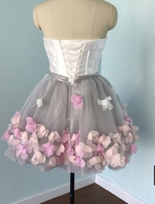 New Homecoming Dress Strapless Flower Bowknot Back to School Outfits Party Dress D7554