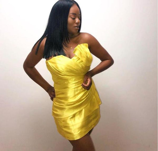 New Homecoming Dress Sweetheart Pleated Yellow Back to School Outfits Party Dress D7565