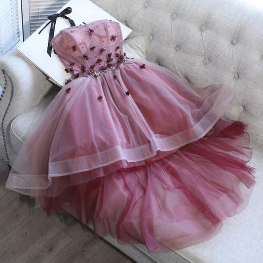 Unique Homecoming Dress Sweetheart Bead Flower Sequins Hi-Lo Tulle Rinestone Back to School Outfits Party Dress  D7691
