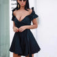 New Homecoming Dress Off the Shoulder Black V Neck Pleated Back to School Outfits Party Dress D7529