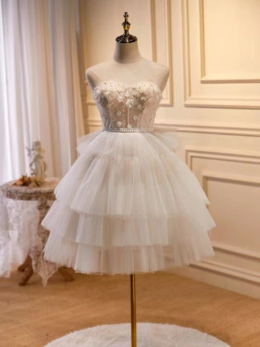 New Homecoming Dress Sweetheart Lace Flower Tulle Cascade Bead Back to School Outfits Party Dress D7587