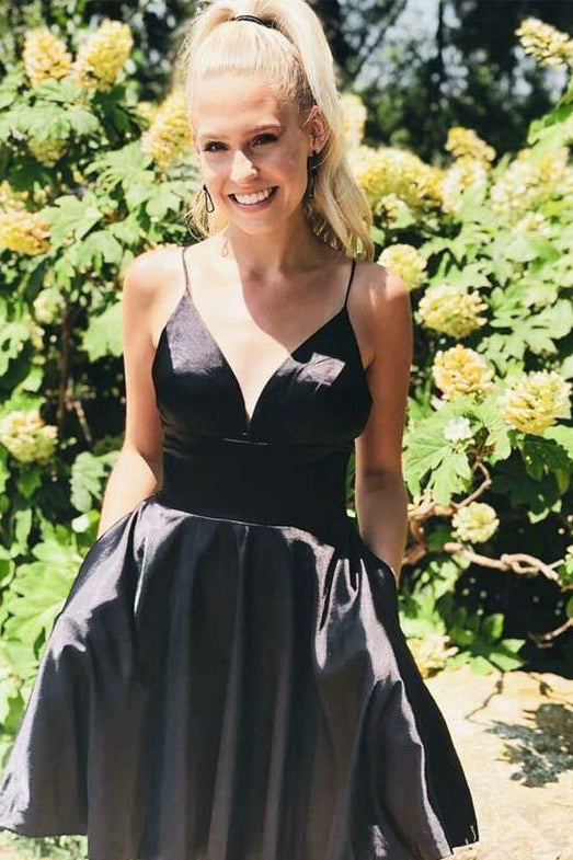 Chic Homecoming Dress V Neck Black Pleated Back to School Outfits Party Dress Birthday Outfits D7431