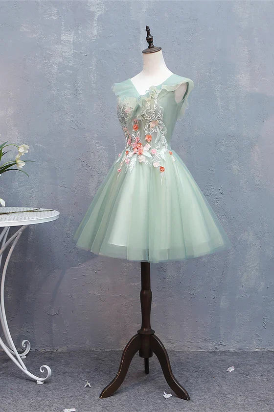 Unique Homecoming Dress V Neck Lace Flower Tulle Back to School Outfits Party Dress  D7698