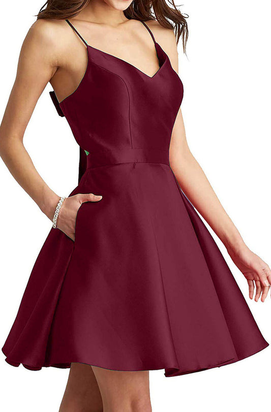 Charming Homecoming Dress V Neck Spaghetti Strap Pleated Back to School Outfits Party Dress  D7475
