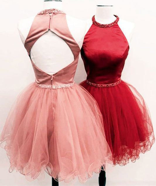 Unique Homecoming Dress Halter Tulle Bead Back to School Outfits Party Dress  D7704