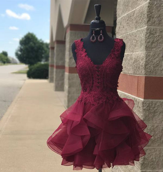Chic Homecoming Dress V Neck Applique Tulle Cascade Back to School Outfits Party Dress Birthday Outfits D7421