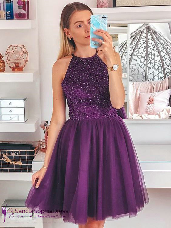 Charming Homecoming Dress Halter Purple Beaded Tulle Back to School Outfits Party Dress  D7485