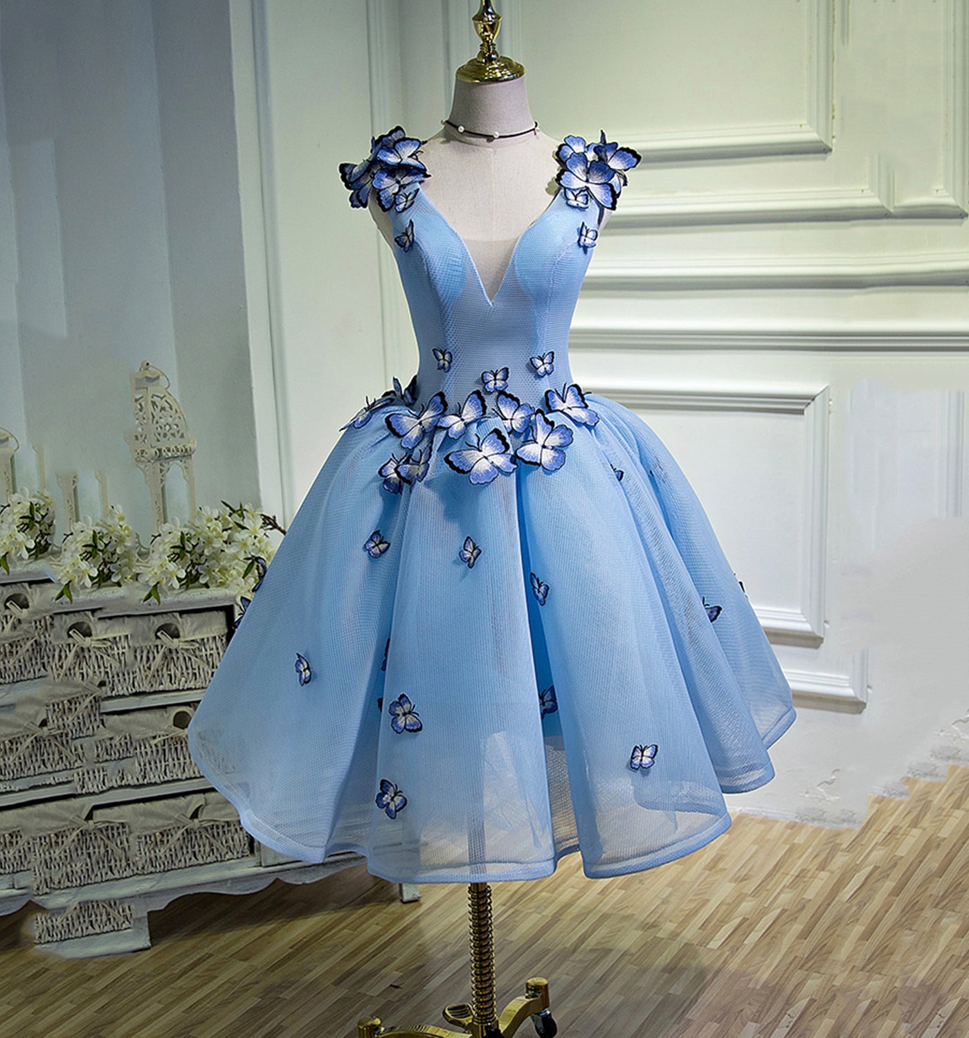Chic Homecoming Dress V Neck Pearl Butterfly Pleated Back to School Outfits Party Dress Birthday Outfits D7423