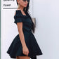 New Homecoming Dress Off the Shoulder Black V Neck Pleated Back to School Outfits Party Dress D7529