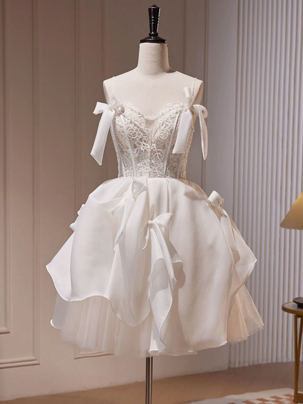 Charming Homecoming Dress V Neck Lace Bowknot Tulle Applique Bead Back to School Outfits Party Dress D7514
