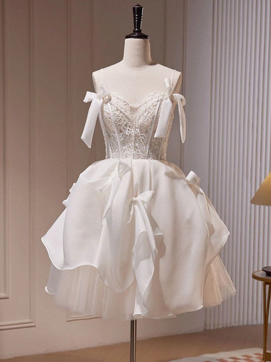 Charming Homecoming Dress V Neck Lace Bowknot Tulle Applique Bead Back to School Outfits Party Dress D7514