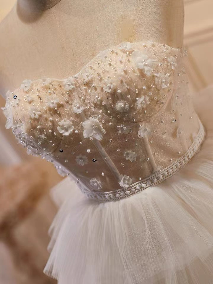 New Homecoming Dress Sweetheart Lace Flower Tulle Cascade Bead Back to School Outfits Party Dress D7587