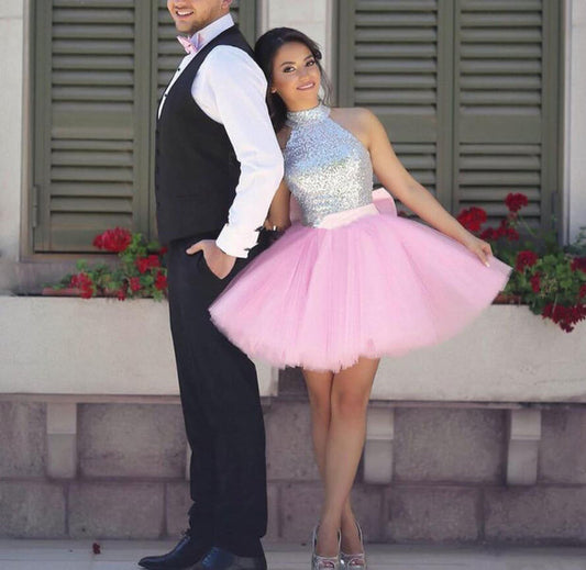 New Homecoming Dress Halter Tulle Sequins Back to School Outfits Party Dress D7556