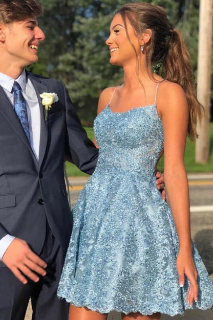 Chic Homecoming Dress Spaghetti Strap Backless A-Line Back to School Outfits Party Dress Birthday Outfits D7427