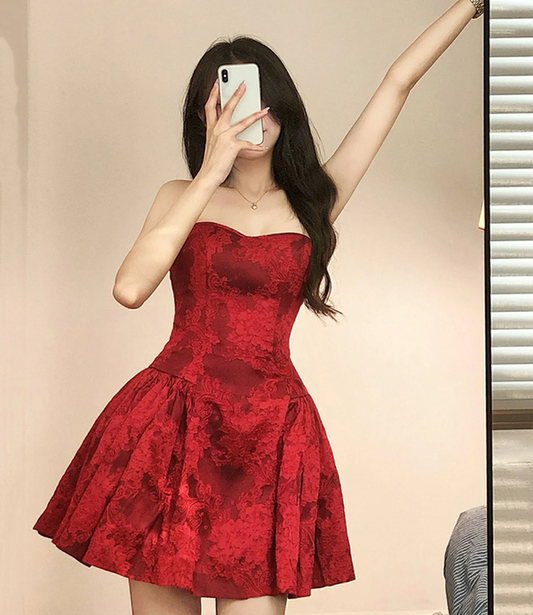 Charming Homecoming Dress Strapless Red Pleated A-Line Back to School Outfits Party Dress D7464