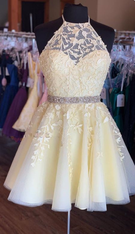Chic Homecoming Dress Halter Rinestone Applique Tulle Pleated Back to School Outfits Party Dress Birthday Outfits D7430
