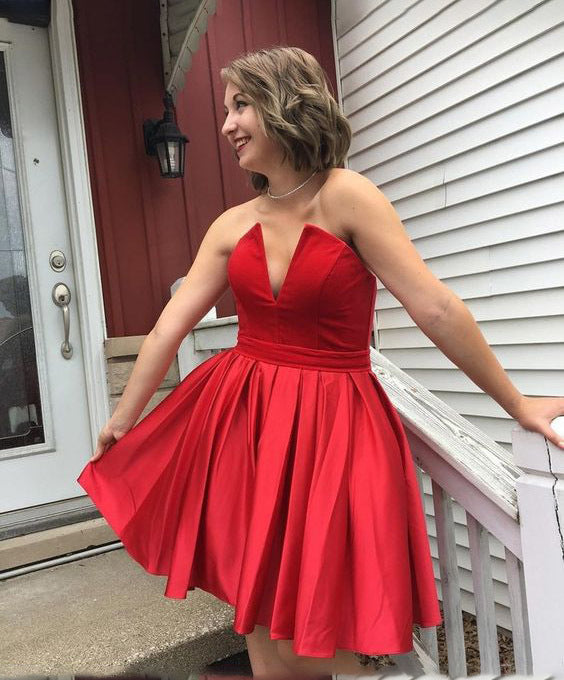 New Homecoming Dress V Neck Pleated Back to School Outfits Party Dress D7618