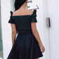 New Homecoming Dress Off the Shoulder Black V Neck Pleated Back to School Outfits Party Dress D7529