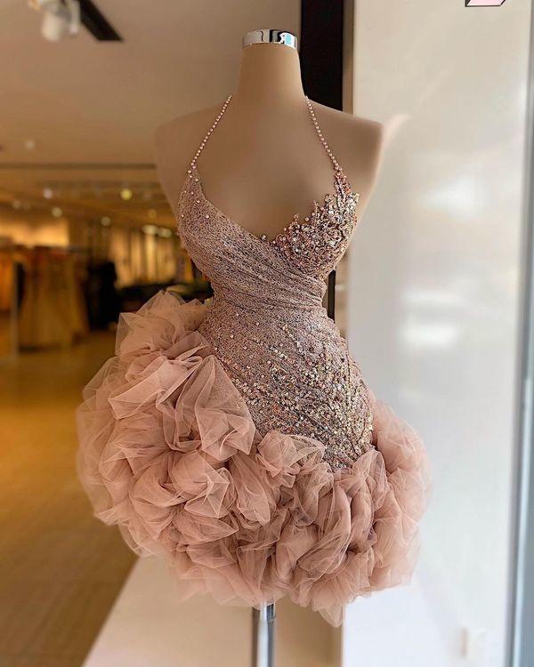 Chic Homecoming Dress Halter Pearl Tulle Cascade Back to School Outfits Party Dress Birthday Outfits D7422