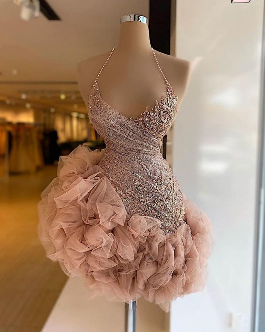 Chic Homecoming Dress Halter Pearl Tulle Cascade Back to School Outfits Party Dress Birthday Outfits D7422