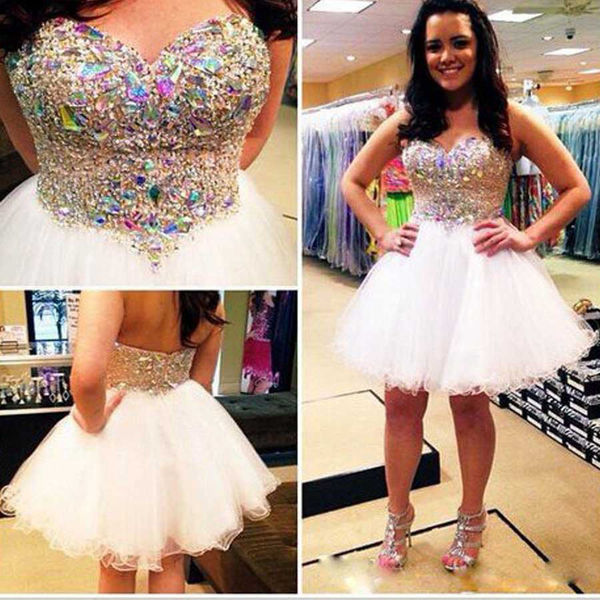 Chic Homecoming Dress Sweetheart Rinestone Tulle Back to School Outfits Party Dress Birthday Outfits D7426
