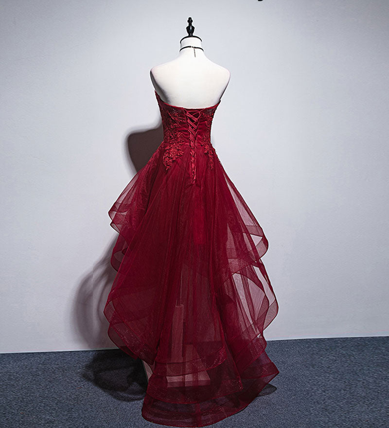 Unique Homecoming Dress Strapless Tulle Cascade Hi-Lo Applique Back to School Outfits Party Dress  D7682
